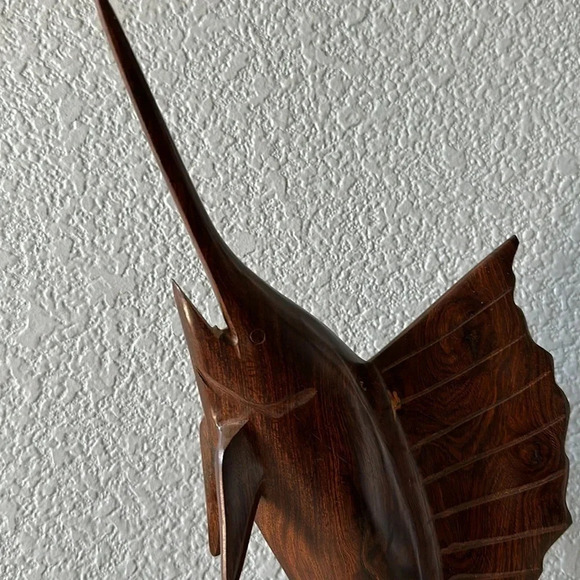 Iron Wood Marlin Sailfish Swordfish Hand Carved Statue Mid Century Modern - Picture 4 of 10
